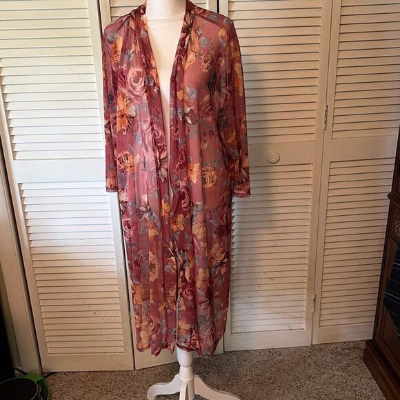 Double Take Womens Duster, size 2X, Floral over Dusty Rose Background - Picture 1 of 5